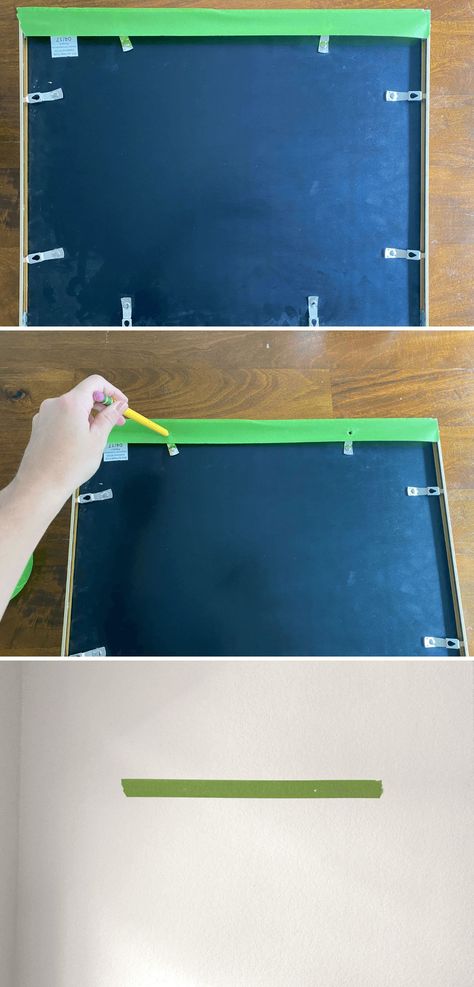 How to easily hang art using the painter's tape trick! Painters Tape Picture Hanging Hack, Tape Trick For Hanging Pictures, How To Hang A Picture, Picture Hanging Height, Picture Hanging Tips, Hanging Pictures On The Wall, Hang A Picture, Art Hacks, Cardboard Painting