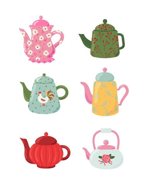 Teapots and kettles. Decorative kitchen tools, ceramic drinkware or glassware for tea ceremony. Household utensils  isolated on white background. Flat cartoon vector illustration Kettle Illustration, Tea Pot Illustration, Teapot Illustration, Tea Time Illustration, Tea Pots Art, Tea Illustration, Sticker Inspo, Balloon Illustration, Tea Kettles