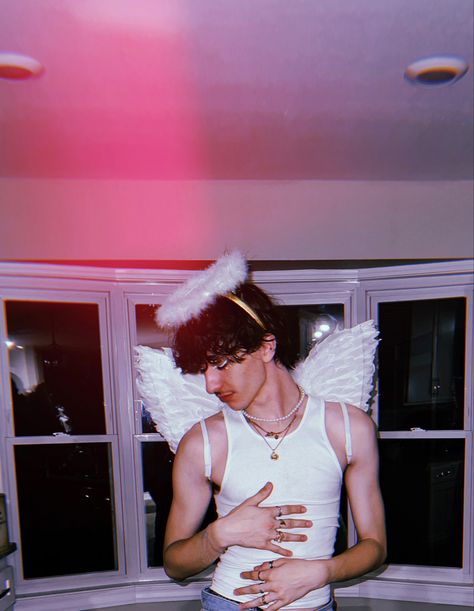 Angel Aesthetic Halloween, Gay Angel Costume, Angel Male Costume, Angel Costume For Men, Sheer Shirt Outfits Men, Men’s Angel Costume, Men Angel Costume, Angel Halloween Costumes Men, Angel Costume Men