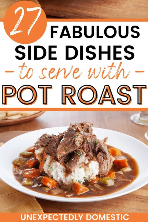 What to serve with pot roast! These easy side dishes will turn your roast dinner into an extra special, hearty meal! Roast Dinner Side Dishes, Baked Tortellini Recipes, Roasted Side Dishes, Delicious Pot Roast, Crockpot Dump Recipes, Stovetop Chili, Roast Gravy, Easy Side Dishes, Hamburger Casseroles Recipes