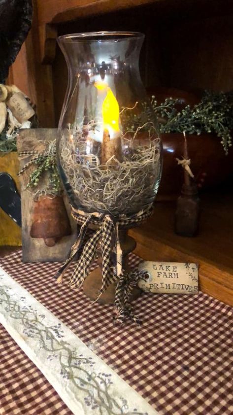 Lake Farm Primitives Primitive Crafts Diy, Diy Primitive Decor, Primitive Country Crafts, Primitive Candle Holders, Primitive Lamps, Rustic Primitive Decor, Primitive Candles, Boutique Ideas, Primitive Kitchen