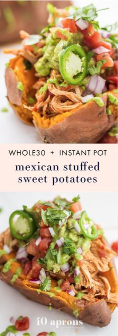 These Whole30 Instant Pot Mexican stuffed sweet potatoes with chicken are the perfect Whole30 dinner: insanely full of flavor, filling, and full of protein, fiber, and healthy fats. Your new go-to Whole30 Mexican recipe! A great anytime paleo Mexican dinner, too. Mexican Stuffed Sweet Potatoes, Whole30 Instant Pot, Paleo Mexican, Instant Pot Mexican, Whole30 Dinner, Stuffed Sweet Potatoes, Mexican Recipe, Whole30 Dinners, Mexican Dinner