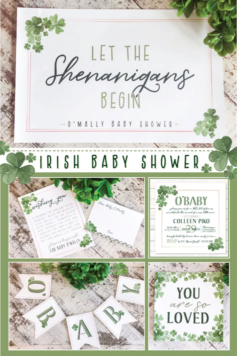 shamrocks o'baby themed baby shower invitation, shenanigans welcome sign irish banner Boy Baby Shower Ideas March, Irish Themed Baby Shower Ideas, St Pattys Baby Shower Theme, St Patrick's Day Baby Shower Ideas, St Pattys Day Baby Shower Ideas, Irish Baby Shower Ideas, Baby Shower Ideas March, Shamrock Baby Shower Ideas, Baby Shower Themes March