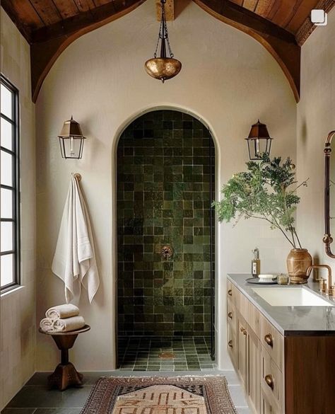 Modern Rustic Mediterranean, Bathroom Remodel Mediterranean, Spanish Style Apartment, Spanish Revival Bedroom, Mediterranean Closet, Greek Bathroom, Modern Mediterranean Bathroom, Italian Home Aesthetic, Spanish Revival Bathroom