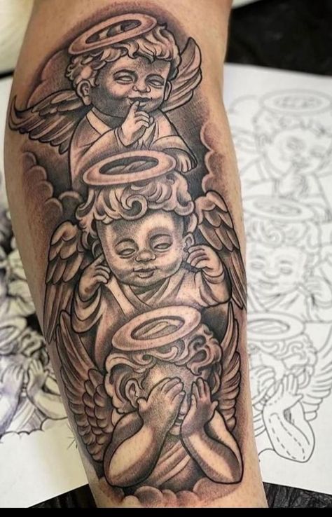 Guardian Angel Tattoo Ideas, Angel Tattoo Ideas, Caine Husky, Arm Tattoos Black, Cupid Tattoo, Guardian Angel Tattoo, Heaven Tattoos, Evil Tattoo, Half Sleeve Tattoos Drawings