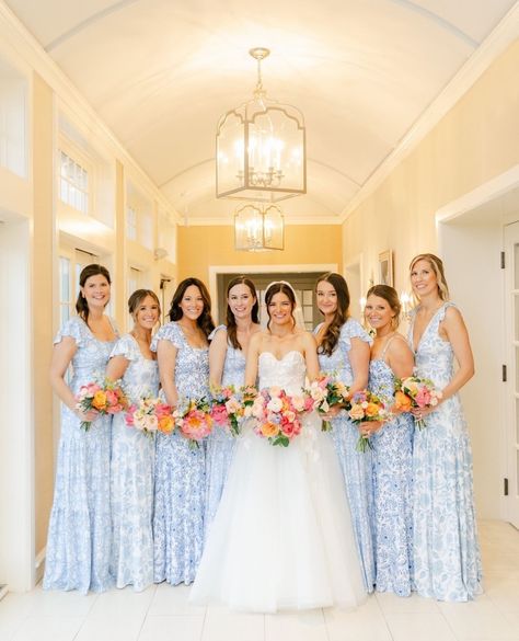 Blue Bridesmaid Dresses Orange Flowers, Smith And Quinn Bridesmaids, Blue Colorful Wedding, Blue Bridesmaid Dresses Colorful Flowers, Perrywinkle Wedding Theme, Blue Bridesmaid Dresses Pink Flowers, Blue And Pink Bridesmaid Dresses, Pink And Blue Bridesmaid Dresses, Bright Blue Bridesmaid Dresses