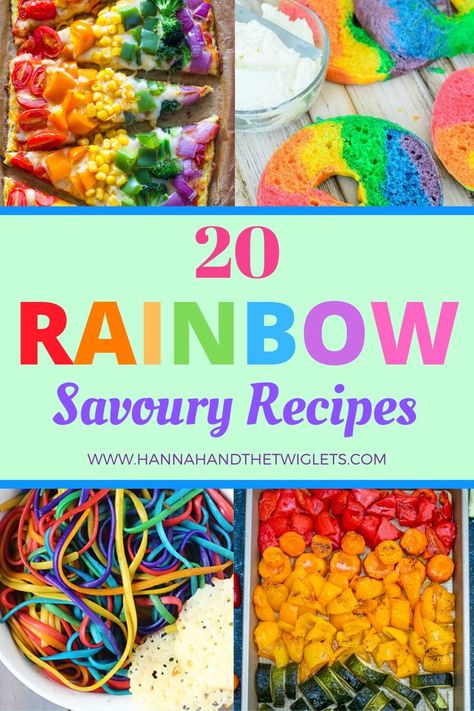 It's super easy to find recipes for rainbow sweet treats. But what about savoury food? Here are 20 gorgeous rainbow savoury recipes! #hannahandthetwiglets #savouryrecipes #rainbowrecipes #rainbowfood #recipeideas #colourfulcooking Rainbow Food Party, Savory Party Food, Rainbow Party Food, Rainbow Bread, Rainbow Pizza, Rainbow Snacks, Rainbow Desserts, Hp Sauce, Rainbow Parties