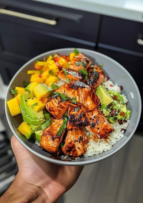 Easy Diabetic Meals | 🍣 Maple Sriracha Salmon with Coconut Rice & Mango Avocado Salsa Bowl with Chilli Mayo 🥭🥑🌶️ | Facebook Maple Sriracha Salmon, Coconut Rice Salmon Bowl, Salmon Siracha Mayo Rice Bowl, Salmon And Mango Salsa, Salmon With Coconut Rice, Mango Fish, Chilli Mayo, Maple Sriracha, Mango Salmon