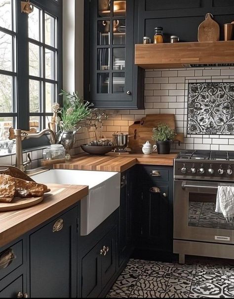 Black Cabinet With Butcher Block, Black Countertops With Natural Wood Cabinets, Black Oven Kitchen, Small Black And Wood Kitchen, Black Bottom Cabinets Wood Upper, Black Cabinets With Butcher Block Top, Black And White House With Wood Accents, Black Kitchen Cabinets With Butcher Block Counters, Black Cabinets Wood Countertop