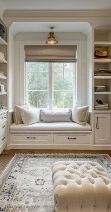 Window Seat With Shelves On One Side, Sitting Area Under Window, Coastal Window Seat, Built Ins Around Small Window, Landing Window Seat, Window Seat Lighting, Farmhouse Window Seat Ideas, Window Sitting Ideas Master Bedrooms, Built In Reading Nook Window