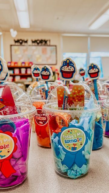 Ideas For Goodie Bags, Birthday Cups For Classroom, Birthday Cup For Students, Student Birthday Cups, Birthday At School Treats, Birthday Treats For Kindergarteners, Non Candy Birthday Favors For School, Birthday Treat For School Classroom, School Birthday Party Favors