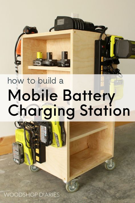 Clear off that workbench and keep your batteries and charges organized in one spot with this mobile battery charging station. It's on wheels so you can roll it around wherever you need it! Charging Station Ideas Garage, Tool Battery Charging Station Diy, Garage Charging Station Diy, Diy Battery Charging Station, Ego Battery Charging Station, Battery Charging Station Ideas, Power Tool Battery Charging Station, Tool Charging Station Diy, Dewalt Charging Station