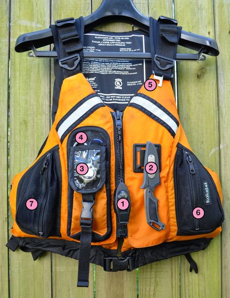 For me, the PFD is not just a life jacket but also a platform to keep handy tools close by and ready for action. Here is a list of the ge... Kayaking With Dogs, Kayak Fishing Setup, Kayak Fishing Diy, Kayak Fishing Tips, Kayaking Tips, Canoe Camping, Handy Tools, Kayak Boats, Kayaking Gear