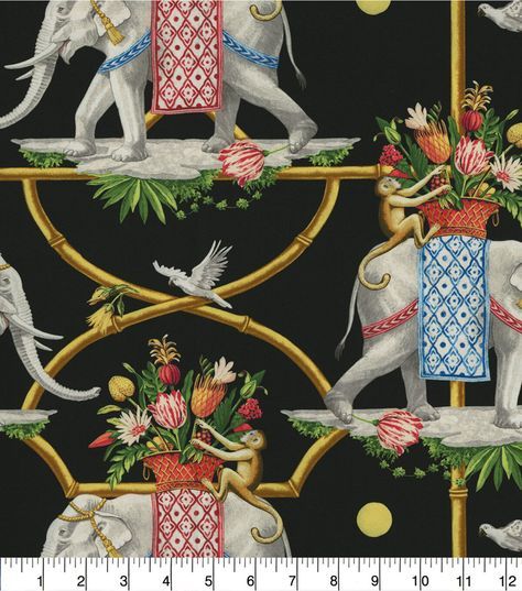 Before the Raj is a classic Harrison Howard pattern featuring a unique take on a geometric chinoiserie Bamboo snakes through the scene to form a latticed structure as majestic pachyderms enjoy a delightful stroll Saddles atop each elephant lies a basket of flowers and fruit that seem to attract simian and avian attention alike Printed on 100% cotton, it easily lends itself to window treatments, upholstery, tabletop, decorative pillows while adding a touch of relaxed elegance to your decor100% cotton54" +100% cottonMedium Upholstery Harrison Howard, Chinoiserie Fabric, Green Bamboo, Dorm Room Essentials, Chinoiserie Chic, Diy Wallpaper, Peel Stick Wallpaper, Room Essentials, Fresh Green