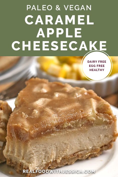 This Paleo Vegan Caramel Apple Cheesecake is rich, creamy and so delicious. Made with cashews keeping it vegan and dairy free, it is also egg free and naturally sweetened. #paleo #vegan #dairyfree #eggfree #healthy | realfoodwithjessica.com @realfoodwithjessica Paleo Cake Recipes, Vegan Caramel Apple, Paleo Dessert Recipes, Best Paleo Recipes, Cuisinart Food Processor, Caramel Apple Cheesecake, Apple Cheesecake, Vegan Caramel, Paleo Recipes Dessert