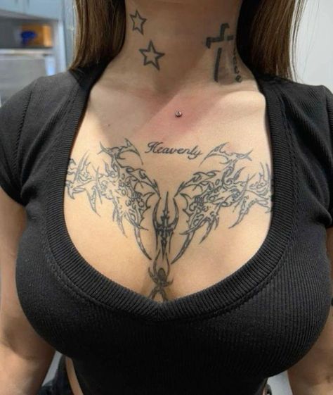 Full Chest Tattoos For Women, Chest Tattoos Female, Center Chest Tattoo Female, Throat Tattoos Women, Lower Chest Tattoo, Under Chin Tattoo, Cleavage Tattoos, Chest Neck Tattoo, Chest Piercing