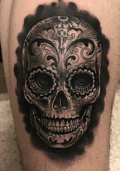 Candy Skull Tattoo For Men, Sugar Tattoo, Skull Thigh Tattoos, Mexican Skull Tattoos, Tattoo Crane, Sugar Skull Girl Tattoo, Tattoo Elements, Candy Skull Tattoo, Skull Tattoo Designs