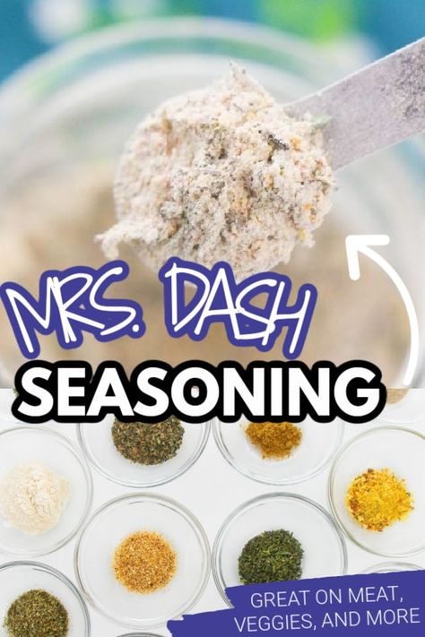 Mrs. Dash seasoning is a salt free blend of garlic and herbs. Use this Mrs Dash substitute on vegetables or meat for all your cooking needs. This salt free seasoning blend is one we keep on hand all the time. A pantry basic you will enjoy having. #saltfree #mrsdash #msdash #garlicherb #seasoning #homemade #fromscratch #pantry #dashseasoning #recipe #easy #5minute Diy Mrs Dash Garlic And Herb Seasoning, Mrs Dash Table Blend Recipe, Homemade Salt Free Seasonings, Mrs Dash Seasoning Diy, Mrs Dash Recipes, Salt Free Seasoning Blends, Mrs Dash Seasoning, Diy Seasonings, Dash Recipe