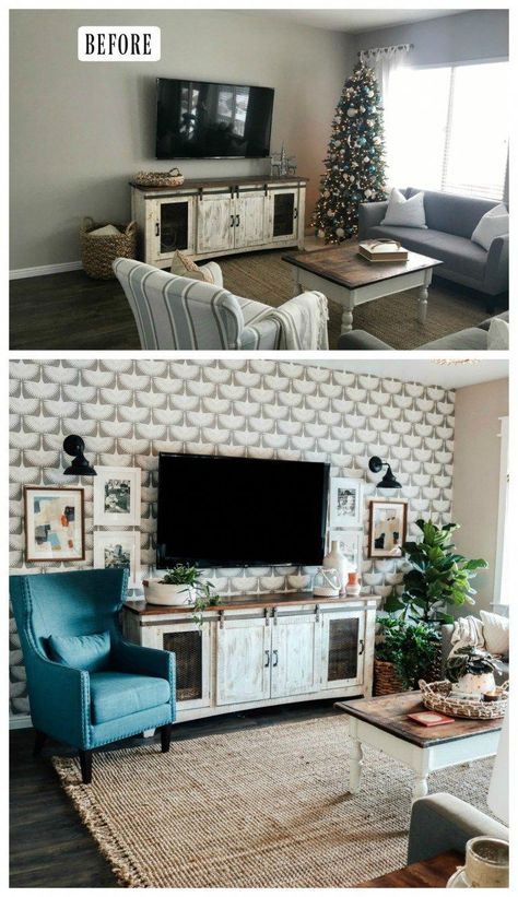 Living Room With Tv Decor, Decorating Around A Tv, Living Room Wallpaper Ideas, Decor Small Spaces, Wallpaper Decor Ideas, Living Room With Tv, Room With Tv, Living Room Wallpaper, Rustic Farmhouse Living Room