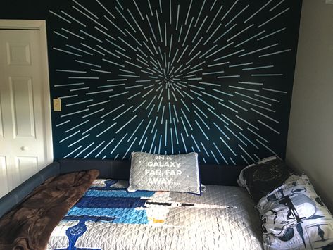 Hyperspace Star Wars, Star Wars Wall Paint, Star Wars Wall Painting, Star Wars Bedroom Ideas For Adults, Star Wars Bedroom Boys, Hyperspace Wall, Star Wars Kids Bedroom, Star Wars Hyperspace, Star Wars Basement