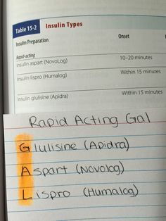 Insulin types rapid acting study mnemonic remember: rapid acting GAL (Glulisine [Apidra], Aspart [Novolog], Lispro [Humalog]). Check out that cool T-Shirt ... Insulin Types, School Encouragement, Nursing School Life, Nursing Study Tips, Nursing Board, College Nursing, Nursing Mnemonics, Nursing Student Tips, Pharmacy School