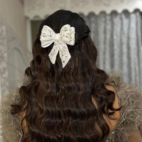 Classic waves with BLINGY-EST BOW✨🎀 >>> Grab yours today!! (we also have colors in this bow😉) (#iamdrama #hairdrama #bowgate #bowgate2024 Hair Bows, Crystals, Hair Accessories) Wedding Hair Looks, Diamond Hair, Bow Barrette, Hair Coils, Bow Hairstyle, Diamond Bows, Holiday Glam, Half Updo, Head Chain