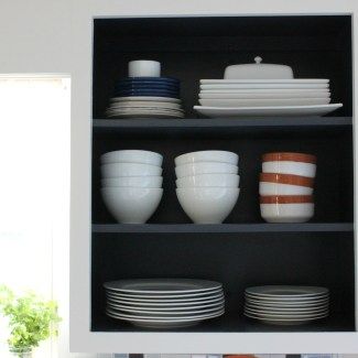 Open Kitchen Shelving - One Year Update - Lela Burris Cabinets To Open Shelving, Kitchen Cabinets Without Doors, Cabinets Without Doors, Remove Cabinet Doors, Open Shelving Kitchen Cabinets, Diy Shaker Cabinet Doors, Diy Shaker Cabinets, Open Kitchen Shelving, Open Kitchen Cabinets