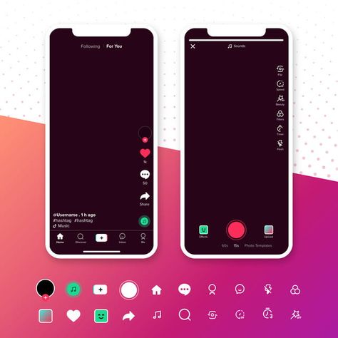 Tik Tok Ui Mockups And Set Of Tiktok Icons Tik Tok Layout Screen Interface Social Media Application Template Web Symbols Ui App Blogging Social Media Tik Tok Concept Tiktok Template, Branding Identity Mockup, Application Template, App Background, Ui Design Website, Business Card Psd, Create Ads, Psd Mockup Template, Music App