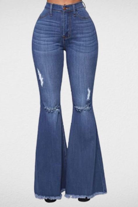 Ripped jeans for women can match with blouse,tank top,crop top,shirt,sweater.Bell bottom jeans for women is perfect for daily wear,party,night out,vacation,traver,casual etc. This raw hem denim pants are easy to wear,the high rise waist highlights your charming figure.Strut in the hottest distressed jeans of the season! Hand Wash or machine wash,but wash separately. #pants #legging High Waisted Bell Bottom Jeans, Long Denim Pants, Bell Bottom Jeans Outfit, Womens Ripped Jeans, Latina Fashion Outfits, Looks Country, High Waisted Flare Jeans, Bottom Jeans, Cute Jeans