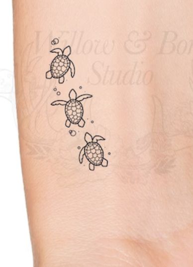 3 Small Sea Turtle Tattoo, Turtle Tattoo Colorful, Sea Turtle With Waves Tattoo, Turtle Behind Ear Tattoo, Honu Turtle Tattoo, Small Turtles Tattoo, 3 Sea Turtles Tattoo, Sea Turtle Memorial Tattoo, Sea Turtle Tattoo Designs For Women