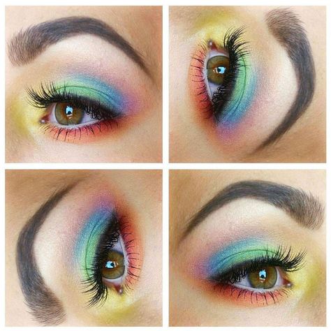 Pride Makeup Ideas 2017 - Parade, festival beauty | Glamour UK Colourful Eyeshadow Looks, Pride Eyeshadow, Pride Makeup Ideas, Eyeliner Sharp, Combine Outfits, Colourful Eyeshadow, Colorful Makeup Tutorial, Pride Ideas, Fall Eyeshadow Looks