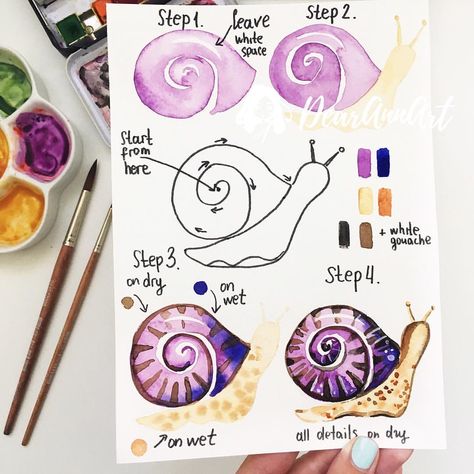 Instagram'da shibadoodle: “Cute watercolour purple snail step by step 🐌 🐌 💜 @dearannart 🐌🐌💜tag a friend who would like this 😌 - Follow us @shibadoodle for daily step…” Watercolor For Beginners, Ideas Watercolor, Painting Instructions, Paint With Me, Step By Step Watercolor, Watercolor Tutorial, Watercolor Water, Colour Painting, Watercolor Art Lessons