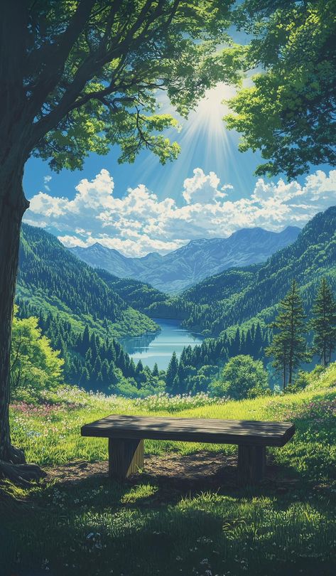 Distant Mountains, Dreamy Landscapes, Large Tree, Art Gallery Wallpaper, Green Valley, Beautiful Locations Nature, Cool Wallpapers Art, Beautiful Landscape Wallpaper, Wooden Bench