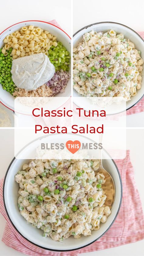 A light and refreshing Classic Tuna Pasta Salad comes together as the perfect summer side dish with white tuna, shell noodles, celery, peas, and a creamy dill sauce. #pastasalad #pasta #tuna Tuna Pasta Salad With Cheese, Tuna Dill Pasta Salad, Tuna Noodle Pasta Salad, Tuna Pea Salad, Tuna Salad With Noodles, Tuna Shell Pasta Salad, Easy Tuna Pasta Salad, Tuna Noodle Salad, Tuna Salad With Peas