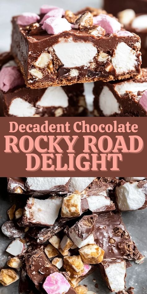 This Decadent Chocolate Rocky Road Delight is a sweet and indulgent treat packed with marshmallows, nuts, and rich chocolate! 🍫🍬 Perfect for parties, holidays, or just satisfying your sweet tooth, this rocky road recipe is easy to make and guaranteed to be a crowd-pleaser.

📌 Save this pin to create an irresistible chocolate rocky road delight for your next dessert!
#RockyRoadDelight #ChocolateDesserts #SweetTreats #EasyBaking #PartyFood #IndulgentSnacks Rocky Road Fudge Bars, Rocky Road Squares, Best Rocky Road Recipe, Rocky Road Brownies Recipe, Bakesale Ideas, Crunch Bars Recipe, Rocky Road Bars, Rocky Road Brownies, Rocky Road Fudge