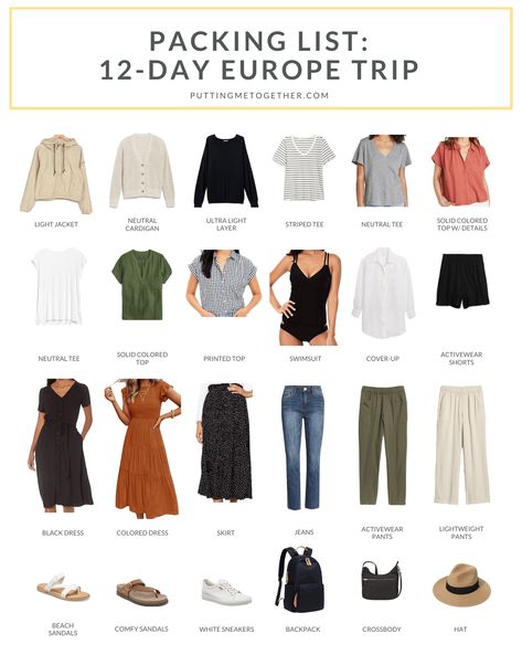 Packing List for a Trip to Europe + Free Checklists for 3 Destinations (Europe, Beach, Cruise)! Wardrobe For European Travel, Scotland June Outfit, Active Travel Outfits, European Vacation Outfits Spring, Spring Italian Outfits, Plus Size Europe Travel Outfits Summer, Europe Trip Packing List, Summer Outfits 60s, Portugal Outfits Spring