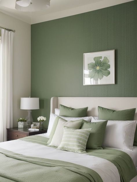 Elevate your bedroom with a stunning Benjamin Moore green accent wall that adds a pop of color and personality. Complete the look with a stylish platform bed, crisp white bedding, and textured throw pillows for a fresh and inviting space. Benjamin Moore Green Accent Wall, Green Bedroom With White Furniture, Stunning Benjamin Moore, Benjamin Moore Green, Green Accent Wall, Green Bedroom Decor, Bedroom Color Combination, Sage Green Bedroom, Calming Bedroom