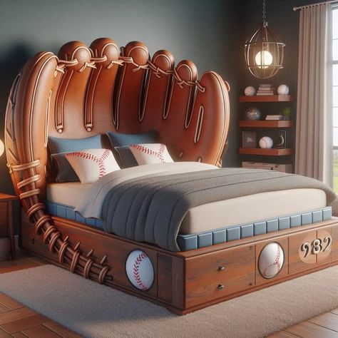 Discover the Ultimate Comfort with a Baseball Glove-Shaped Bed Baseball Theme Room Boy Bedrooms, Boys Baseball Room Ideas, Toddler Sports Bedroom, Baseball Bedroom For Boys, Baseball Room Ideas, Sports Room Ideas, Boys Baseball Bedroom, Preteen Boys Bedroom, Baseball Bedroom Decor