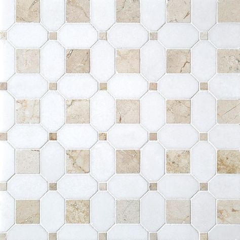 Experience the timeless beauty of the Quick Ship Square & Dot Thassos and Crema Marfil Stone Mosaic. Crafted with high-quality stone, this mosaic exudes a sophisticated elegance, ideal for creating a luxe look in any space. Designed to make a stunning impression, this piece is sure to elevate your interior design. Mosaic Tile For Shower Floor, Primary Bathroom Flooring, Salon Flooring, Square Mosaic Floor Tile, Master Bath Floor Tile, Cream Tile Floor, Cream Color Tile Floor, Natural Stone Mosaic Tile, Cream Mosaic Tiles Bathroom