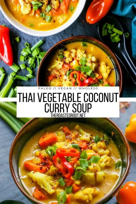 Vegetable Coconut Curry Soup (vegan, paleo) - Vegetable-packed Thi Coconut Curry Soup is easy to prepare, paleo, whole30, vegan, and delicious! A copycat Whole Foods soup recipe. #vegan #veganrecipes #soup Curry Soup Vegan, Vegetable Curry Soup, Thai Vegetable Soup, Lunch Plan, Curry Soup Recipes, Soup Curry, Vegan Vegetable Soup, Whole30 Vegan, Roasted Vegetable Soup