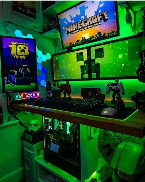 #gaming #minecraft #pc #desktop #setup #green #games #playtime Small Game Rooms, Best Gaming Setup, Computer Gaming Room, Computer Desk Setup, Gamer Setup, Gamer Room Decor, Pc Gaming Setup, Video Game Room Design, Gaming Setups