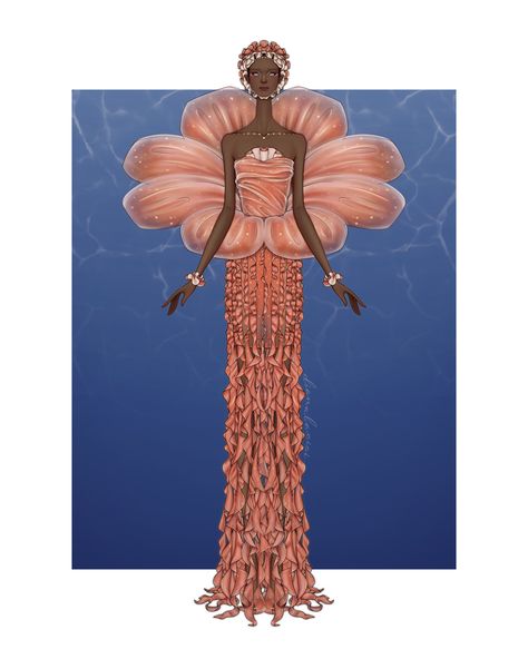 Fashion illustration and design by Diana Bacioi.
Look inspired by the lion’s mane jellyfish. Orange dress with a flower shaped attachment to the dress, bodice with draped sheer on top, long skirt made of cascading ruffles as well as a ruffle headpiece and wrist cuffs & glowing dots all over the look. 
Figure on a blue background with water reflections and a thick white border around it. Jellyfish Fashion Design, Jellyfish Inspired Fashion, Jellyfish Fashion, Alien Wedding, Sea Inspired Fashion, Thai Modern, Fashion Design Inspiration Board, Fish Fashion, Fish Dress