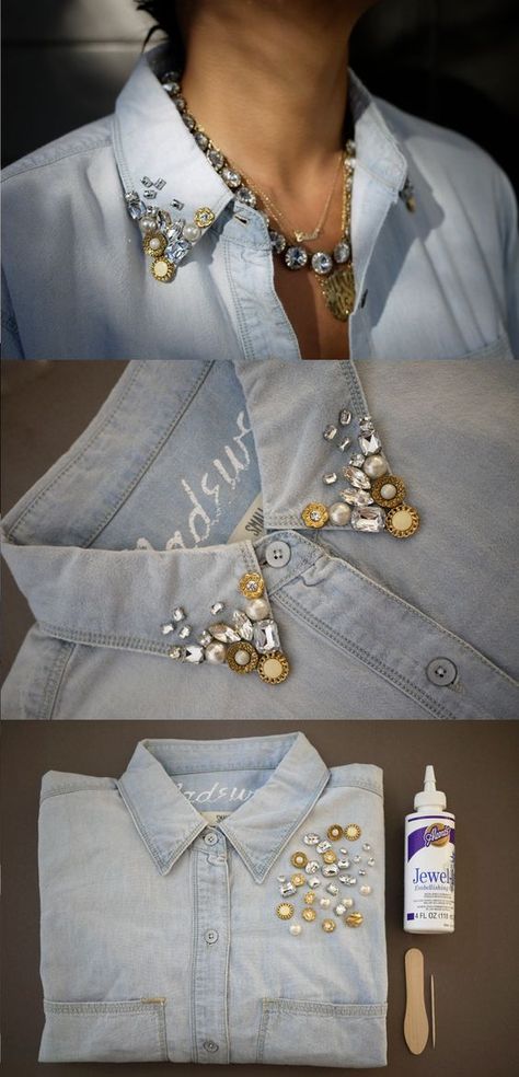 Diy Fashion Trends, Shirt Tutorial, Sewing Shirts, Diy Fashion Clothing, Embellished Denim, Denim Diy, Refashion Clothes, A Button, Diy Shirt