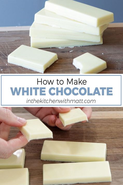 Stacks of homemade white chocolate on a wooden cutting board. Homemade Milk Chocolate, White Chocolate Bars, Homemade White Chocolate, Chocolate Bar Recipe, Homemade Chocolate Bars, White Chocolate Recipes, Chocolate Candy Recipes, Candy Recipes Homemade, Homemade Candies