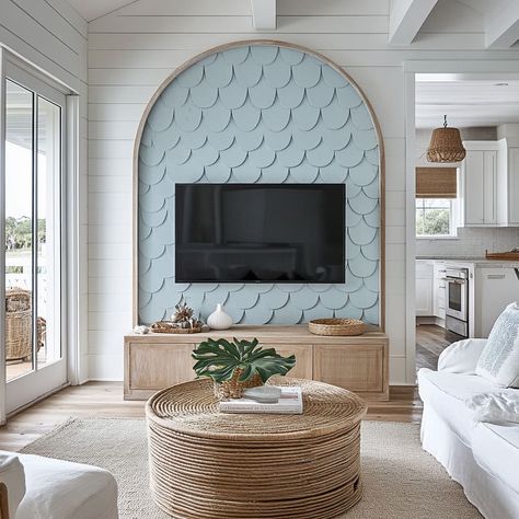 Beach Accent Wall Ideas, Beach House Tv Wall, Blue Slat Wall, Beachy Accent Wall, Coastal Tv Wall, Beach Accent Wall, Slat Wall Tv, Coastal Accent Wall, Different Living Room Styles