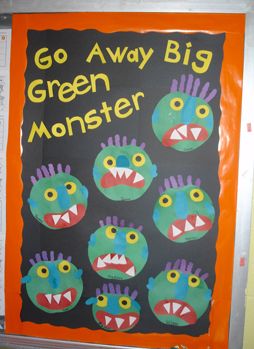 Halloween+Bulletin+Board+Pre-K | Go Away Big Green Monsters Big Green Monster Craft, Monster Bulletin Boards, Preschool Color Theme, Monster Theme Classroom, Big Green Monster, Halloween Bulletin Boards, Monster Craft, Image Halloween, Preschool Planning