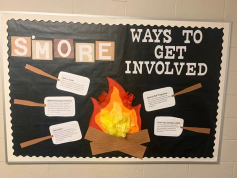 Campus engagement RA board “smore ways to get inolved board”. Smore and campfire themed Smore Bulletin Board, Ra Bulletin Boards Fall, Ra Activities, Ra Program Ideas, Residence Life Bulletin Boards, Ra College, Ra Programming, September Bulletin Boards, Dorm Bulletin Boards