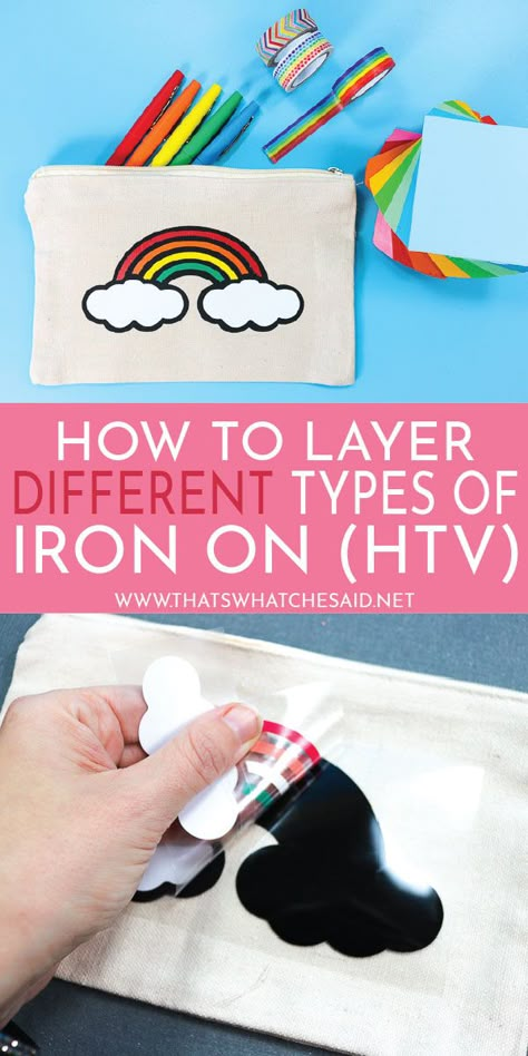 Learn how each type of heat transfer vinyl (iron on) needs to be layered for lasting results!  Get my tips and tricks and best practices! via @cspangenberg Cricut Heat Transfer Vinyl, Iron On Cricut, Inkscape Tutorials, Cricut Help, Crafts Cricut, Layered Vinyl, Cricut Tips, Cricut Projects Beginner, Work Diy