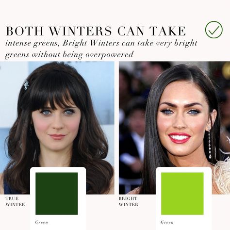 Colour analysis comparison, True Winter VS Bright Winter 🖤 . #coloranalysis #colouranalysis #coloranalyst #winterpalette #zooeydeschanel #meganfox True Winter Green, Cool Winter Vs Bright Winter, True Winter Vs Bright Winter, True Winter Outfits, Bright Winter Color Palette, True Winter Makeup, Season Analysis, Bright Winter Outfits, True Winter Color Palette