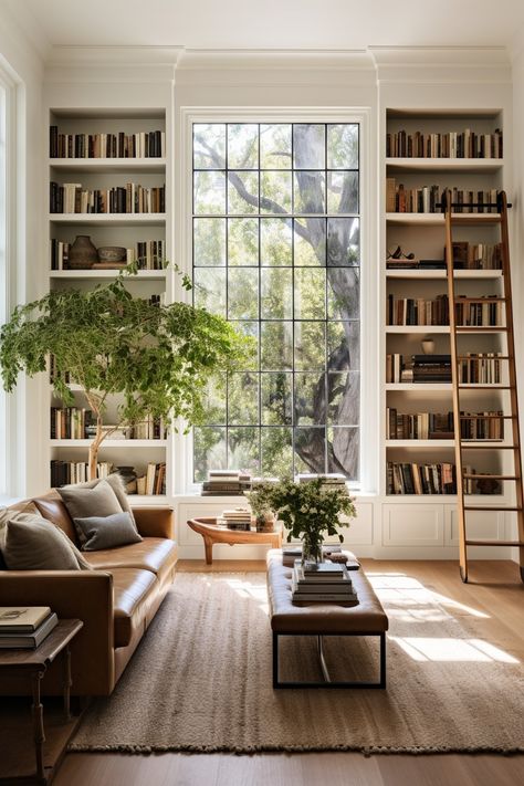 Stylish Shelving Units for Large Walls: 10 Functional Design Ideas - Quiet Minimal Build In Storage Living Room, Family Room With Bookshelves, Interior Library Design, Full Book Shelf Wall, Modern Natural Interior Design, Minimal Built In Shelves, Full Wall Bookshelf Office, Bookcase Living Room Ideas, Full Wall Built In Bookshelves